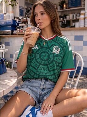 adidas Green Mexico Aztec Graphic Soccer Jersey with White Accents
